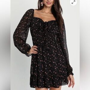 Lulus Black Blush Ditsy Floral Long Sleeve Dress